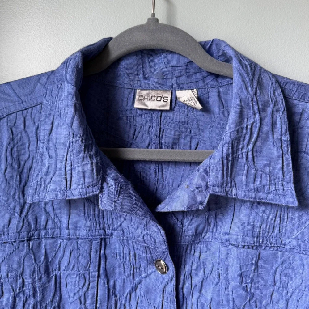 Vintage‎ Chico's Button Down Jacket Purple Floral Embroidered Cotton Blend 3 XL